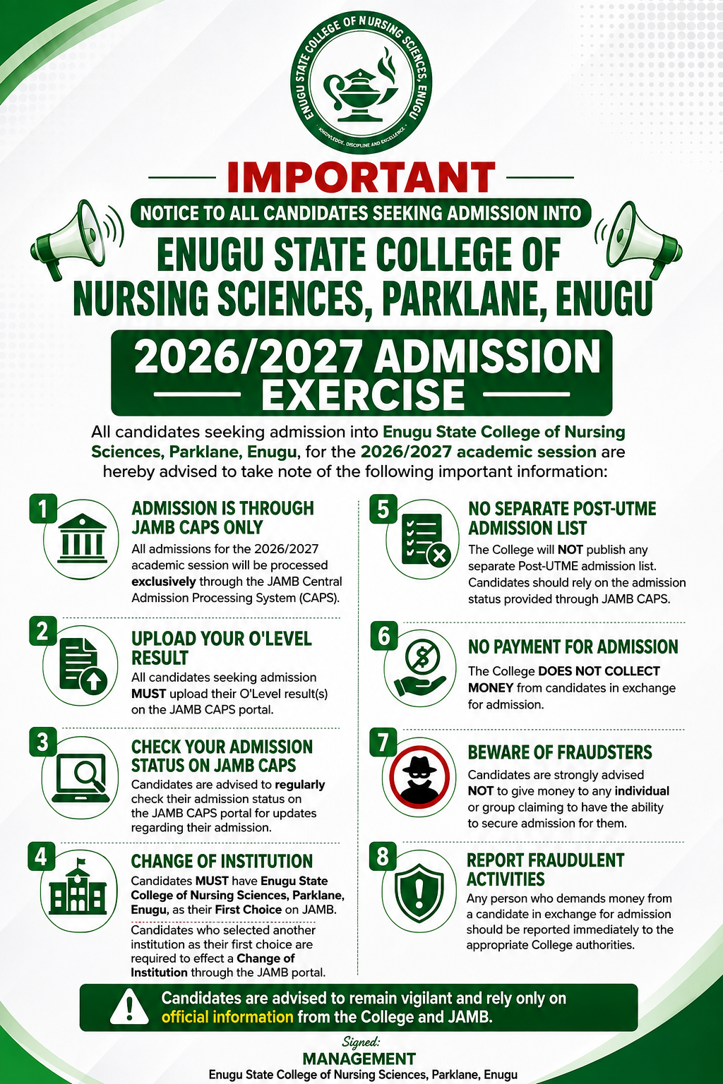 2026/2027 Admission Exercise Notice
